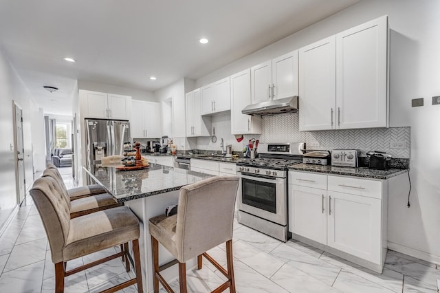 3340 W Polk St, Chicago, IL 60624 - kitchen featuring stainless steel appliances, under cabinet range hood, light marble finish flooring, a kitchen bar, and recessed lighting