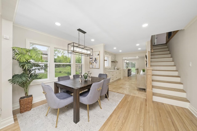 504 Newton Ave, Glen Ellyn, IL 60137 - dining space featuring ornamental molding, baseboards, stairs, light wood-type flooring, and recessed lighting