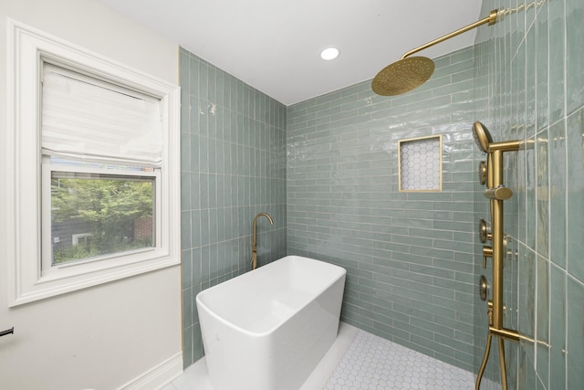 504 Newton Ave, Glen Ellyn, IL 60137 - full bath with tile walls, tile patterned floors, a tile shower, recessed lighting, and a freestanding bath