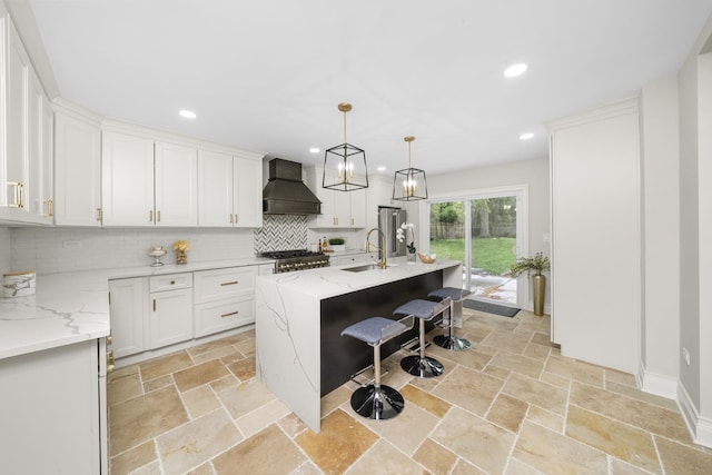 504 Newton Ave, Glen Ellyn, IL 60137 - kitchen with custom range hood, a sink, backsplash, stone tile flooring, and white cabinetry