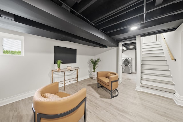 504 Newton Ave, Glen Ellyn, IL 60137 - living area with washer / clothes dryer, baseboards, wood finished floors, and stairs