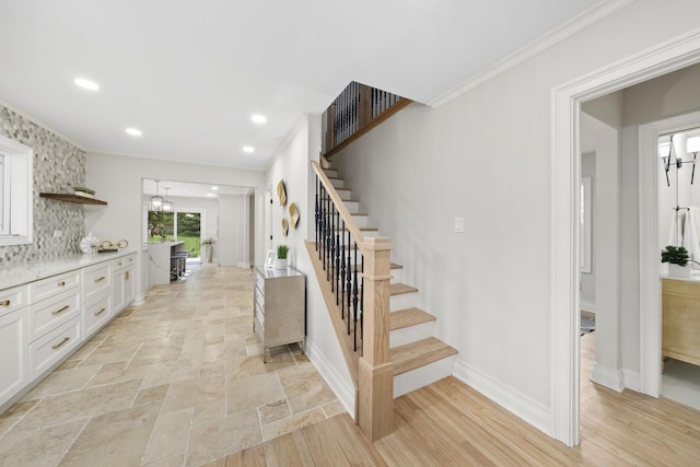 504 Newton Ave, Glen Ellyn, IL 60137 - kitchen with open shelves, white cabinets, crown molding, baseboards, and recessed lighting