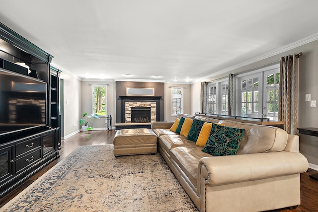 10 Black Walnut Trl, Palos Park, IL 60464 - living area featuring a stone fireplace, wood finished floors, and ornamental molding