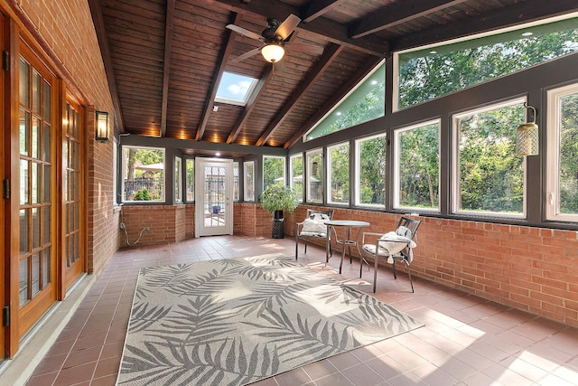 10 Black Walnut Trl, Palos Park, IL 60464 - sunroom featuring brick wall, tile patterned flooring, healthy amount of natural light, ceiling fan, and a wood ceiling with exposed beams