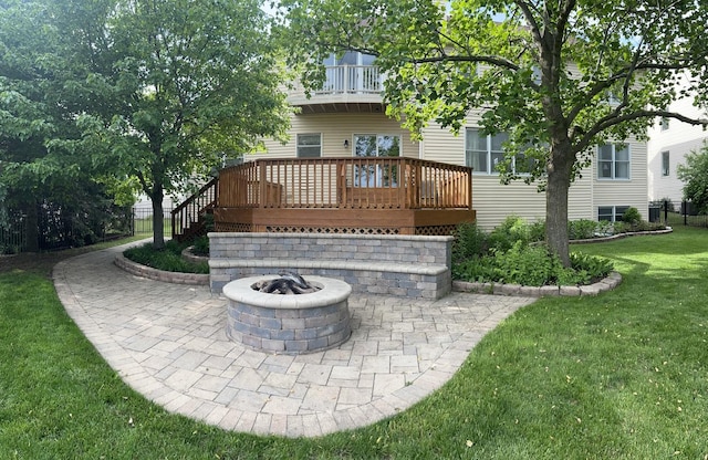 957 Chancery Ln, Cary, IL 60013 - back of house with a patio, a lawn, an outdoor fire pit, a deck, and stairway
