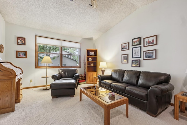 1720 Brookhill Ln, Sycamore, IL 60178 - living room featuring light colored carpet, baseboards, a textured ceiling, and lofted ceiling