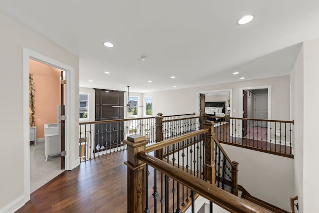 4328 Chinaberry Ln, Naperville, IL 60564 - hall with an upstairs landing, recessed lighting, dark wood-style floors, and baseboards