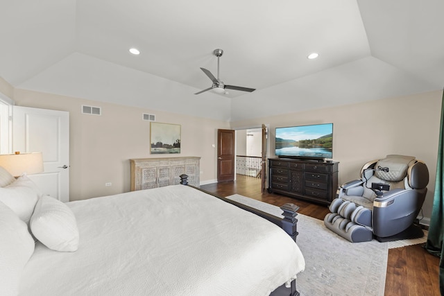 4328 Chinaberry Ln, Naperville, IL 60564 - bedroom with dark wood-style flooring, lofted ceiling, a ceiling fan, recessed lighting, and a tray ceiling