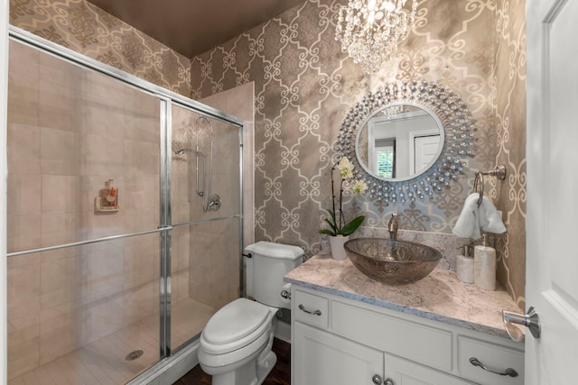 1728 Elyse Ln, Naperville, IL 60565 - full bath featuring wallpapered walls, vanity, toilet, and a shower stall