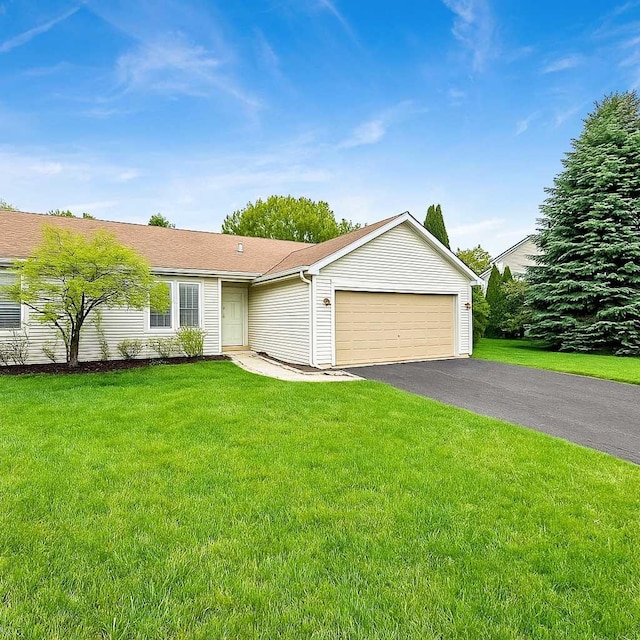 1499 Raven Dr, Bolingbrook, IL 60490 - single story home with an attached garage, asphalt driveway, and a front lawn