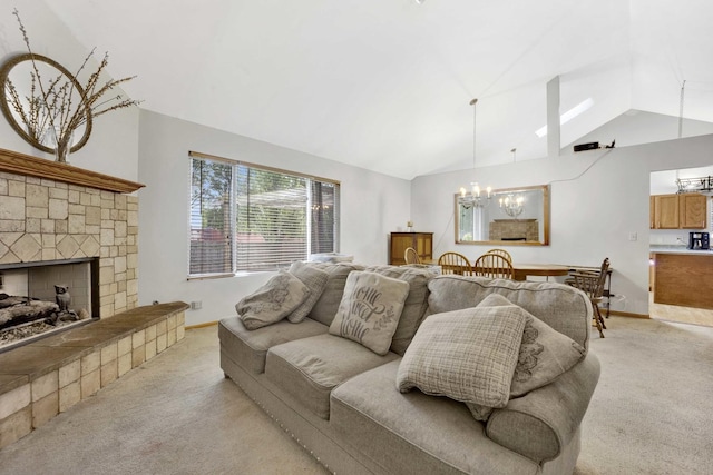 1499 Raven Dr, Bolingbrook, IL 60490 - living room with a chandelier, light colored carpet, vaulted ceiling, baseboards, and a fireplace
