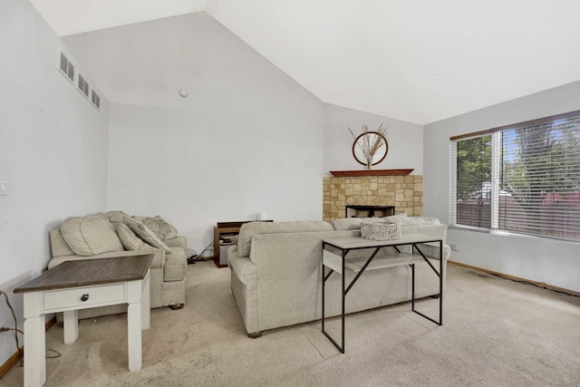 1499 Raven Dr, Bolingbrook, IL 60490 - living room with lofted ceiling, light carpet, a fireplace, and baseboards