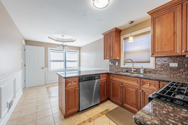 7817 Menard Ave, Burbank, IL 60459 - kitchen with dishwasher, a sink, brown cabinets, light tile patterned floors, and a wainscoted wall