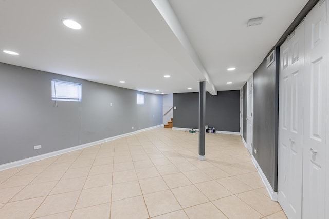 7817 Menard Ave, Burbank, IL 60459 - below grade area featuring stairway, recessed lighting, baseboards, and light tile patterned floors