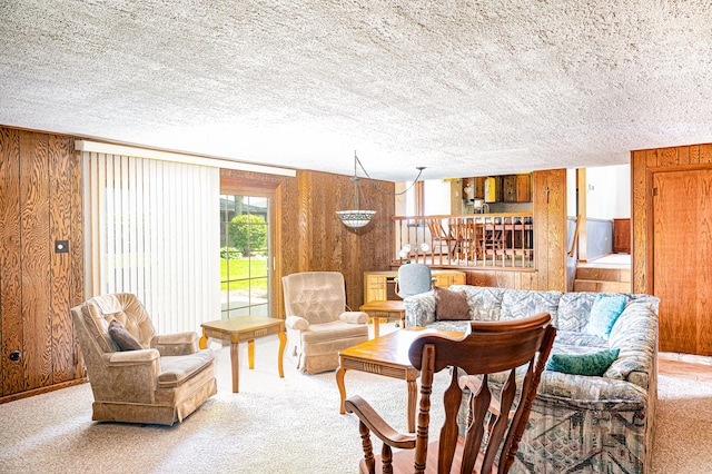 14207 Concord Dr, Orland Park, IL 60462 - carpeted living room with a textured ceiling and wood walls