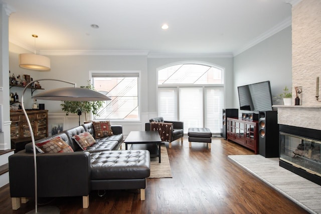 235 S Marion St Unit C, Oak Park, IL 60302 - living area with ornamental molding, wood finished floors, and a fireplace