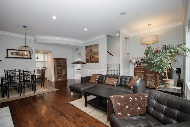 235 S Marion St Unit C, Oak Park, IL 60302 - living room with ornamental molding, stairs, wood finished floors, a wainscoted wall, and a decorative wall