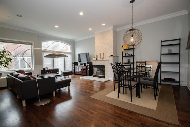 235 S Marion St Unit C, Oak Park, IL 60302 - dining area with crown molding, wood finished floors, recessed lighting, and a fireplace