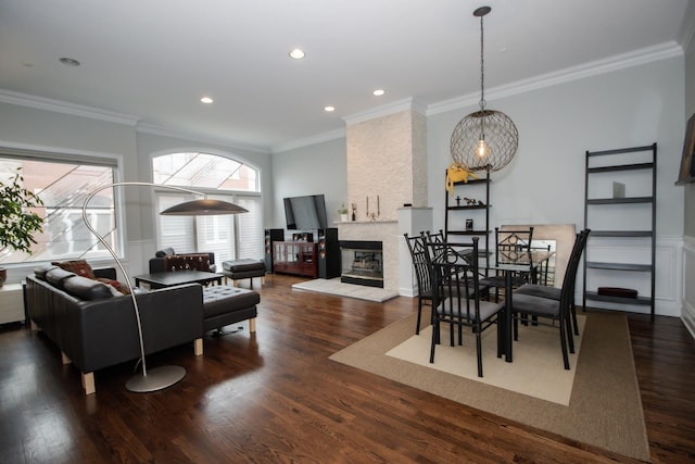 235 S Marion St Unit C, Oak Park, IL 60302 - dining area featuring crown molding, wood finished floors, recessed lighting, and a multi sided fireplace