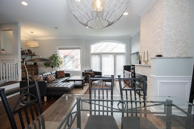 235 S Marion St Unit C, Oak Park, IL 60302 - living area featuring crown molding, plenty of natural light, wood finished floors, recessed lighting, and a fireplace