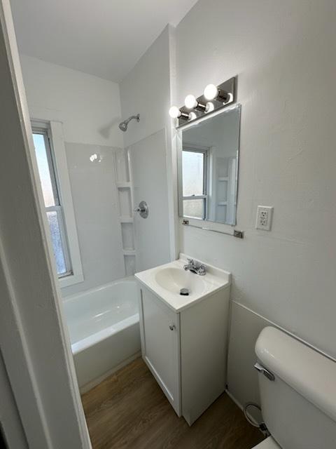 259 N Evergreen Ave, Kankakee, IL 60901 - bathroom with toilet, vanity, wood finished floors, and shower / bathtub combination