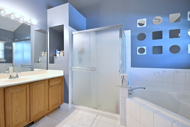1422 Deer Creek Ln, Lake In The Hills, IL 60156 - bathroom featuring a shower stall, vanity, a garden tub, and tile patterned floors