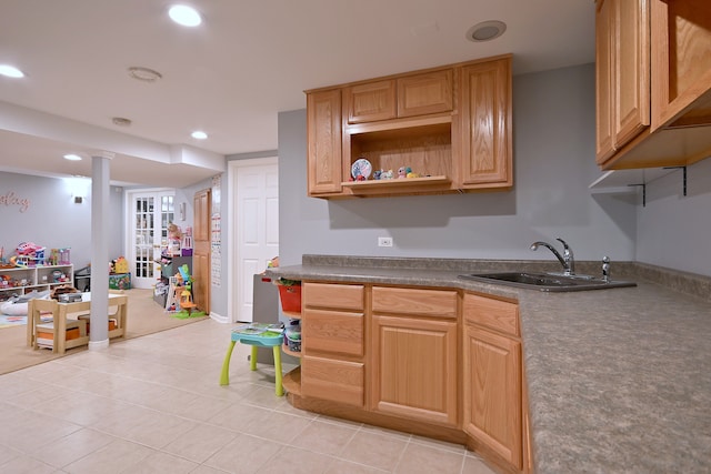 1422 Deer Creek Ln, Lake In The Hills, IL 60156 - kitchen featuring a sink, open shelves, recessed lighting, light tile patterned flooring, and dark countertops