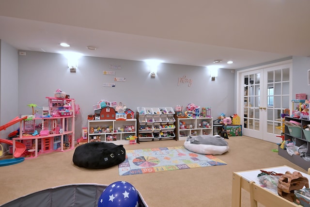 1422 Deer Creek Ln, Lake In The Hills, IL 60156 - rec room featuring carpet flooring, french doors, and recessed lighting