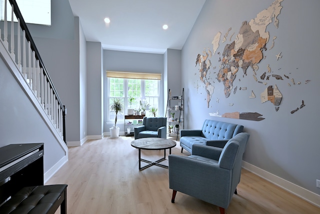 1422 Deer Creek Ln, Lake In The Hills, IL 60156 - sitting room featuring light wood-style flooring, stairs, baseboards, and recessed lighting