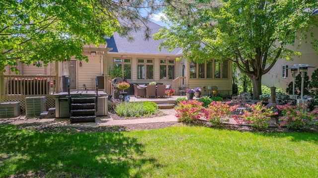3536 Scottsdale Cir, Naperville, IL 60564 - rear view of property featuring a hot tub, a yard, a shingled roof, and a deck