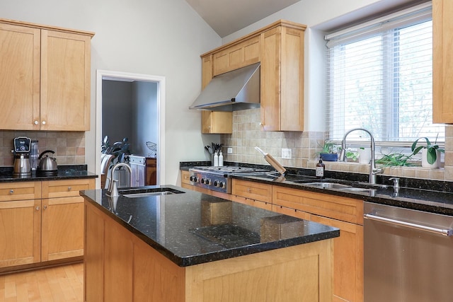 3536 Scottsdale Cir, Naperville, IL 60564 - kitchen with ventilation hood, appliances with stainless steel finishes, backsplash, vaulted ceiling, and a kitchen island with sink