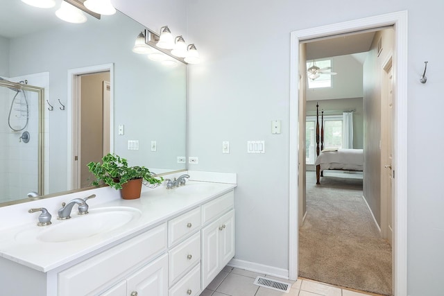 3536 Scottsdale Cir, Naperville, IL 60564 - full bath featuring double vanity, ensuite bathroom, a ceiling fan, a tile shower, and tile patterned flooring