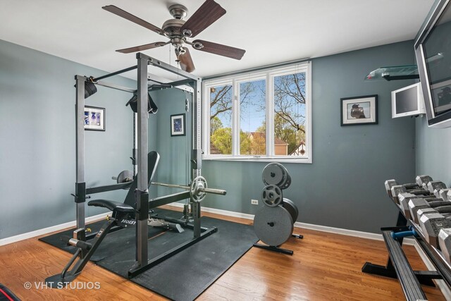 1181 Midwest Ln, Wheaton, IL 60189 - workout area featuring ceiling fan, wood finished floors, and baseboards