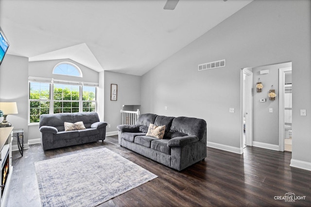 303 Meadows Dr, Sugar Grove, IL 60554 - living area featuring high vaulted ceiling, wood finished floors, baseboards, and ceiling fan
