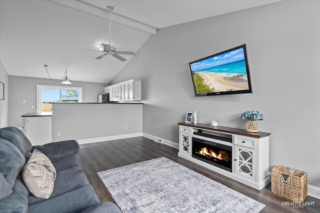 303 Meadows Dr, Sugar Grove, IL 60554 - living area featuring dark wood-style floors, baseboards, ceiling fan, and a warm lit fireplace