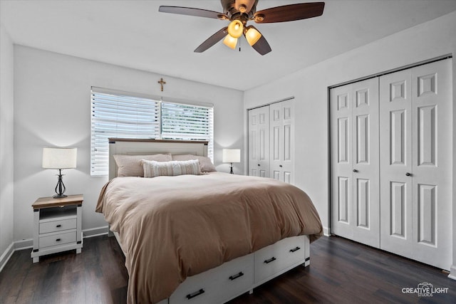 303 Meadows Dr, Sugar Grove, IL 60554 - bedroom featuring multiple closets, wood finished floors, baseboards, and a ceiling fan