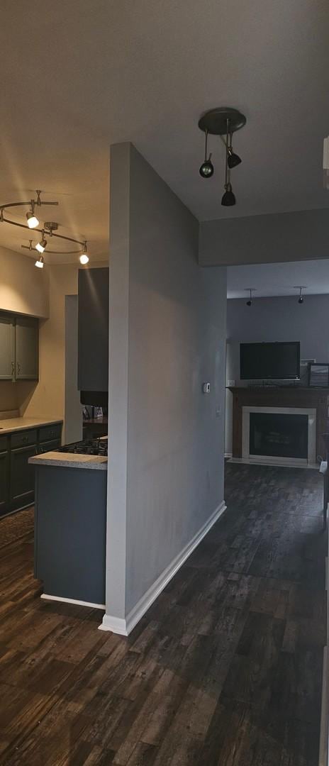 8314 Sierra Woods Ln, Carpentersville, IL 60110 - kitchen with dark wood-style floors, gray cabinetry, a fireplace, and open floor plan
