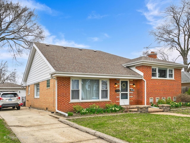 4048 W 105th St, Oak Lawn, IL 60453 - view of front of house featuring brick siding, a front yard, a chimney, and roof with shingles