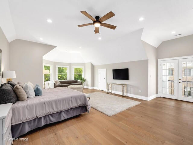 608 W 55th St, Hinsdale, IL 60521 - bedroom featuring vaulted ceiling, access to outside, french doors, light wood-style flooring, and baseboards