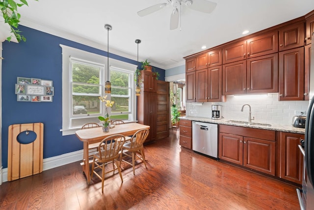 119 E 4th St, Sandwich, IL 60548 - kitchen with dishwasher, a sink, baseboards, decorative backsplash, and ceiling fan