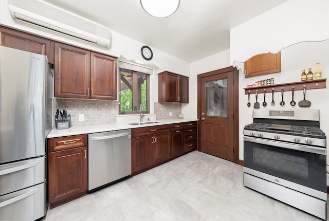236 Country Club Rd, Chicago Heights, IL 60411 - kitchen with stainless steel appliances, an AC wall unit, light countertops, a sink, and backsplash