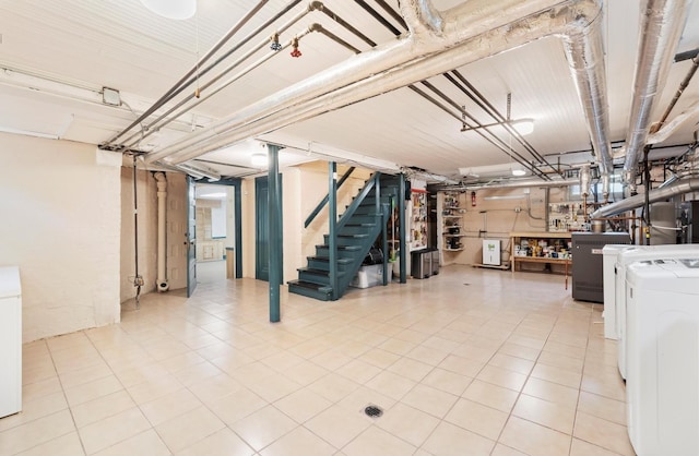 236 Country Club Rd, Chicago Heights, IL 60411 - unfinished basement featuring separate washer and dryer, stairs, and tile patterned floors