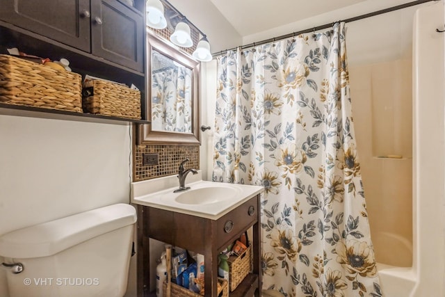 full bathroom with decorative backsplash, vanity, and shower / bath combination with curtain