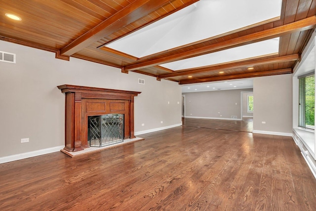 9109 W 123rd St, Palos Park, IL 60464 - unfurnished living room featuring dark wood-style flooring, baseboards, a high end fireplace, recessed lighting, and wooden ceiling with exposed beams