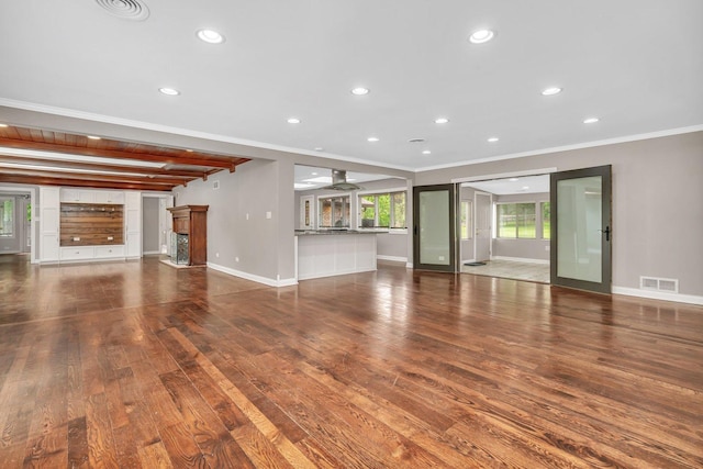 9109 W 123rd St, Palos Park, IL 60464 - unfurnished living room with wood finished floors, baseboards, crown molding, a fireplace, and recessed lighting