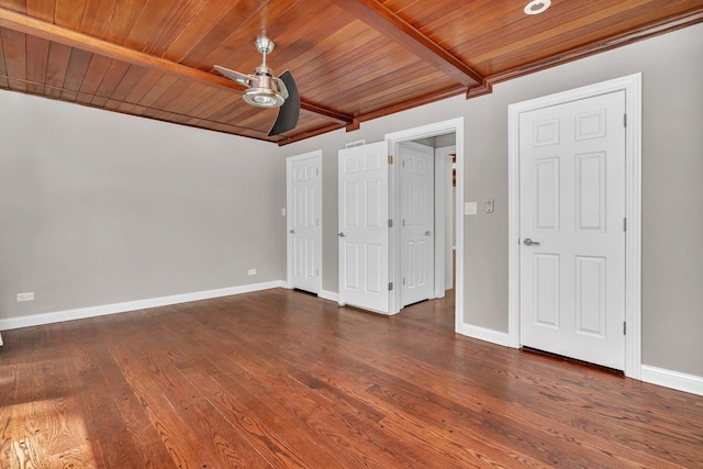 9109 W 123rd St, Palos Park, IL 60464 - unfurnished bedroom with wooden ceiling with exposed beams, dark wood finished floors, baseboards, and ceiling fan