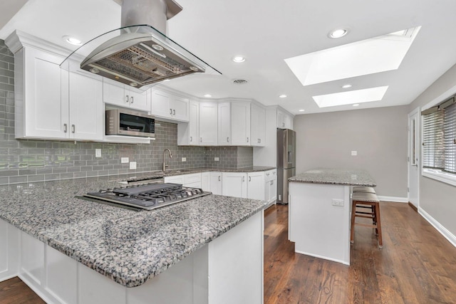 9109 W 123rd St, Palos Park, IL 60464 - kitchen featuring stainless steel appliances, island range hood, a skylight, a breakfast bar, and dark wood-style floors