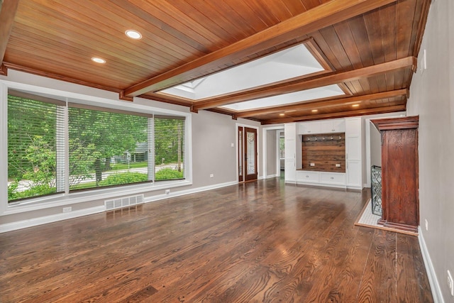 9109 W 123rd St, Palos Park, IL 60464 - unfurnished living room featuring wooden ceiling with exposed beams, baseboards, and dark wood finished floors