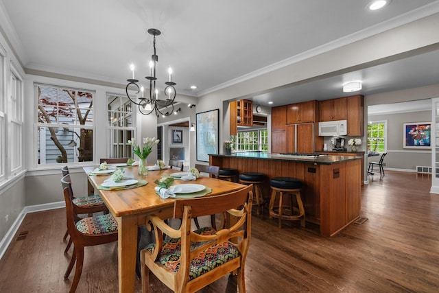 710 Longwood Dr, Lake Forest, IL 60045 - dining area featuring baseboards, a chandelier, dark wood finished floors, crown molding, and recessed lighting