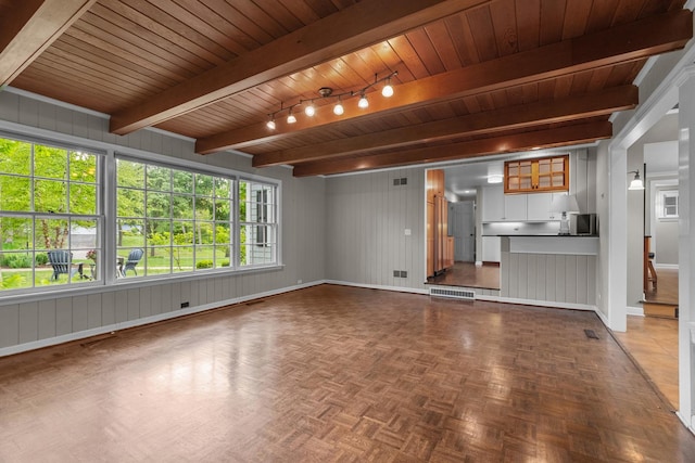 710 Longwood Dr, Lake Forest, IL 60045 - unfurnished living room with wood ceiling with exposed beams, baseboards, and wood walls